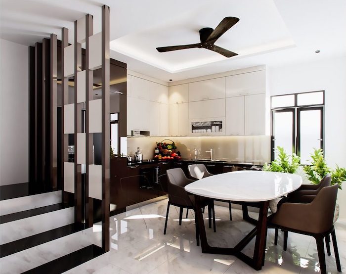 Đối với không gian bếp gia chủ nên đặt một vài chậu cây xanh nhằm tăng tính thẩm mỹ cho gian bếp cũng như khử mùi khá tốt.